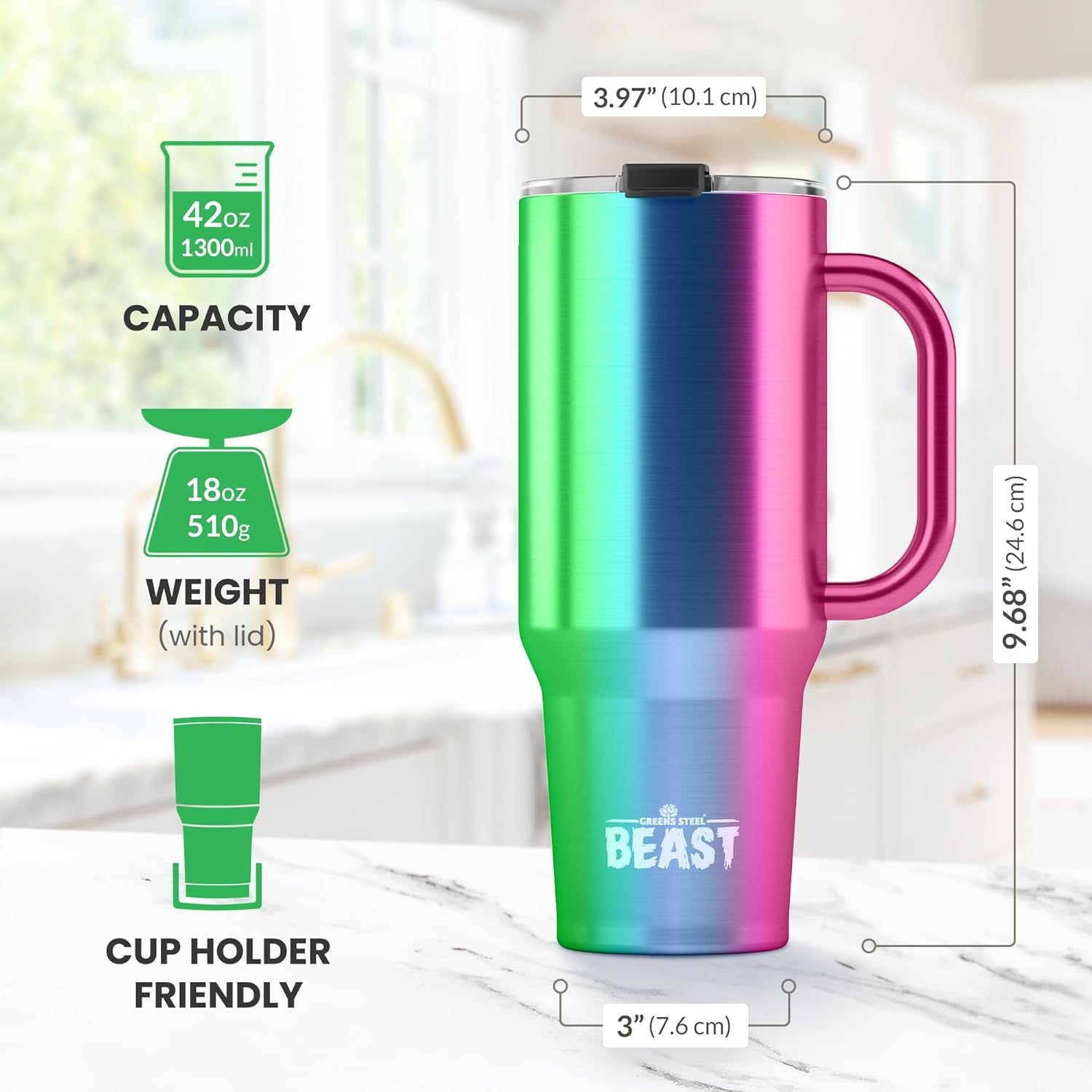 Beast 42 Oz Tumbler with Handle Stainless Steel Vacuum Insulated Coffee Ice Cup Double Wall Travel Flask (Rainbow)