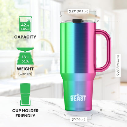 Beast 42 Oz Tumbler with Handle Stainless Steel Vacuum Insulated Coffee Ice Cup Double Wall Travel Flask (Rainbow)