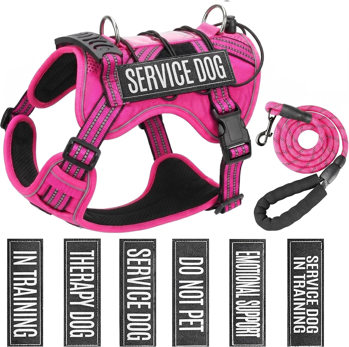 Service Dog Tactical Vest Harness and Leash Set Large Sized Dog Emotional Support- Tactical Dog Harness Training Collar with Name (Rose Red, L)