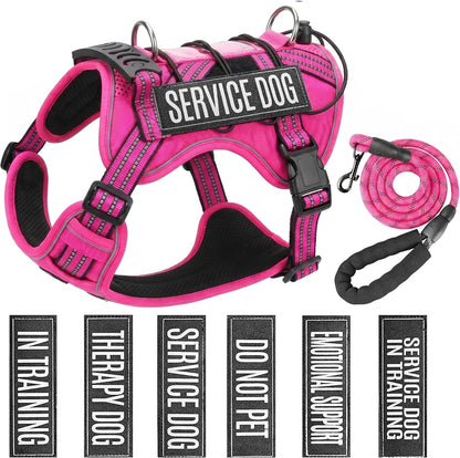 Service Dog Tactical Vest Harness and Leash Set Large Sized Dog Emotional Support- Tactical Dog Harness Training Collar with Name (Rose Red, L)