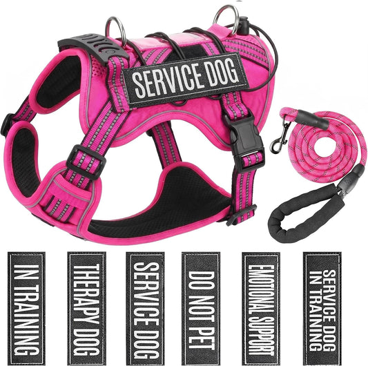 Service Dog Tactical Vest Harness and Leash Set Large Sized Dog Emotional Support- Tactical Dog Harness Training Collar with Name (Rose Red, L)