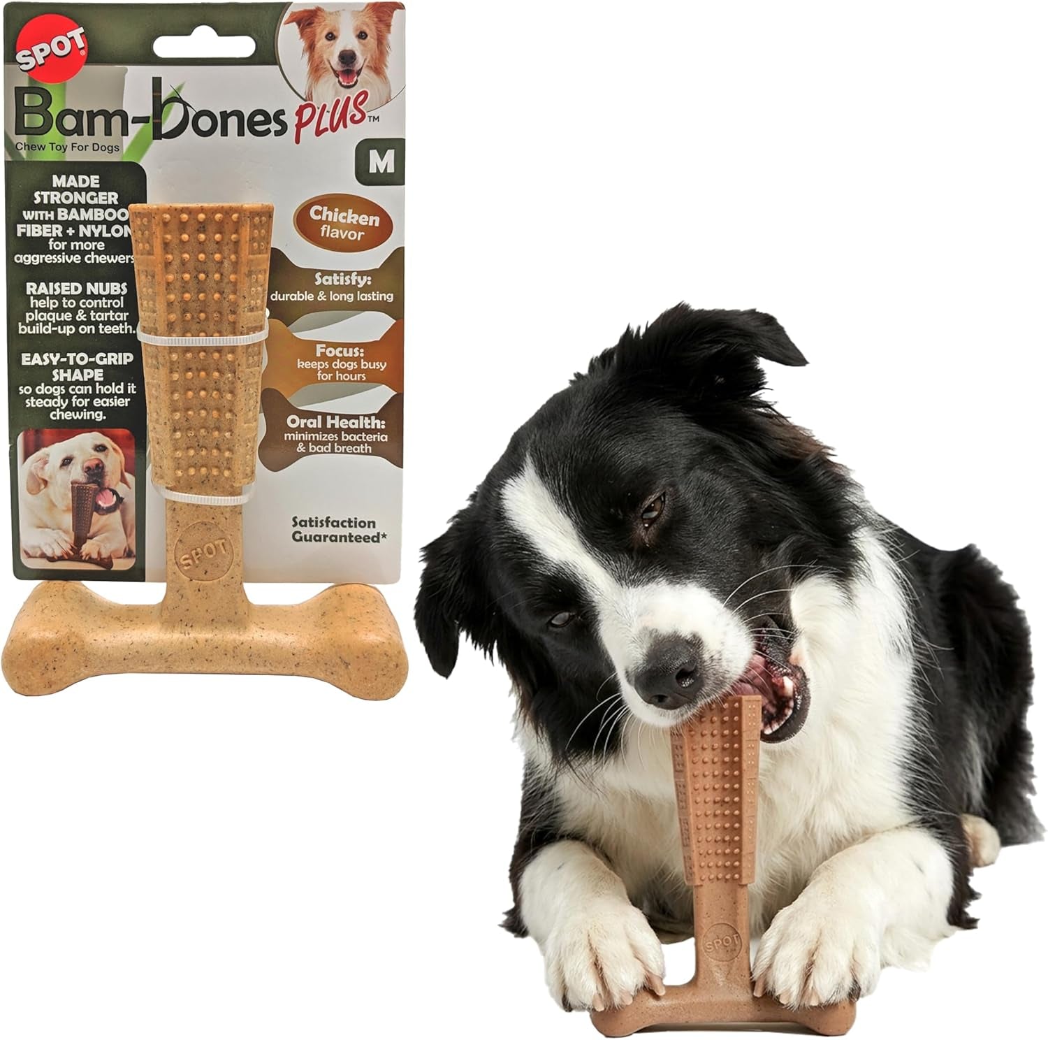 Bam-Bones Plus T-Bone Chew Toy for Dogs - Durable Bamboo & Nylon, Chicken Flavor, Perfect for Medium Chewers 30-60 lbs
