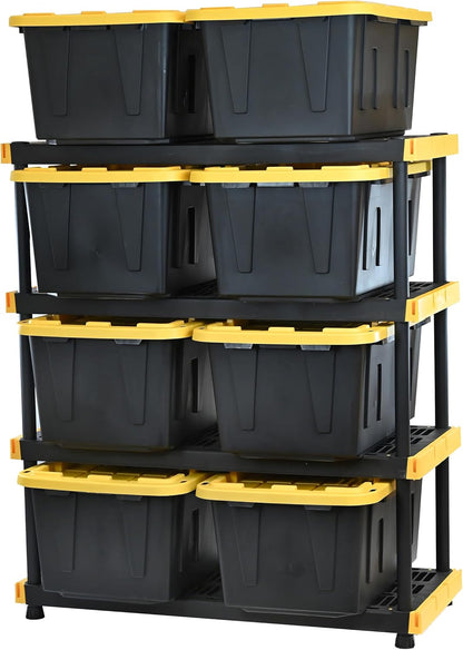Black & Yellow 4-Tier Heavy Duty Storage Shelves and 8 Heavy Duty Storage Bins with Lids, 4 Shelves That Support up to 200Lbs/Shelf + 27 Gallon Containers (8-Pack), Organization and Storage
