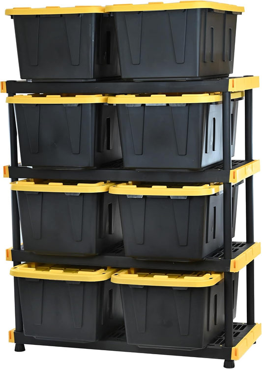 Black & Yellow 4-Tier Heavy Duty Storage Shelves and 8 Heavy Duty Storage Bins with Lids, 4 Shelves That Support up to 200Lbs/Shelf + 27 Gallon Containers (8-Pack), Organization and Storage