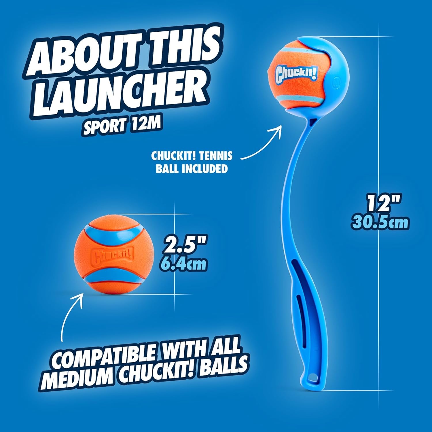Dog Ball Launcher 12M Sport with 12" Handle Length for Medium 2.5" Dog Balls for Dogs 20-60 Lb, Plastic Pet Fetch Ball Thrower, Perfect for Kids, Made in USA, Blue