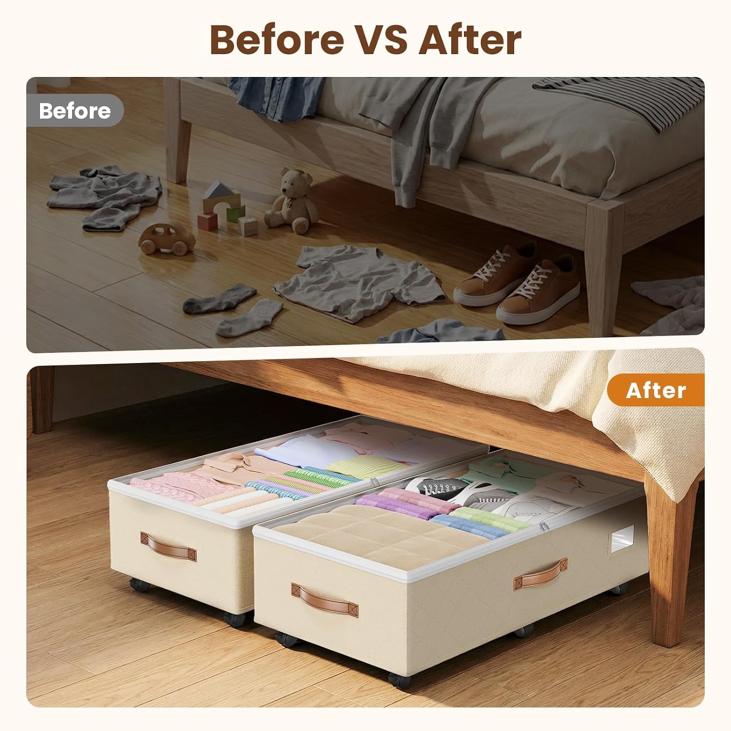 80L 2 Pack Adjustable under Bed Storage with Wheels, Beige | Underbed Containers with Clear Lids, Rolling Underbed Shoe Storage Organizer for Dorm Clothes, Blankets, Easy to Install