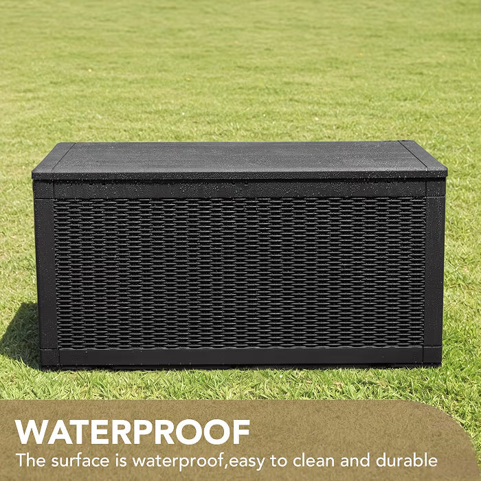 100 Gallon Waterproof Resin Deck Box, Large Outdoor Storage Box | Indoor Outdoor Lockable Storage Container for Patio Furniture Cushions, Garden Tools & Pool Supplies