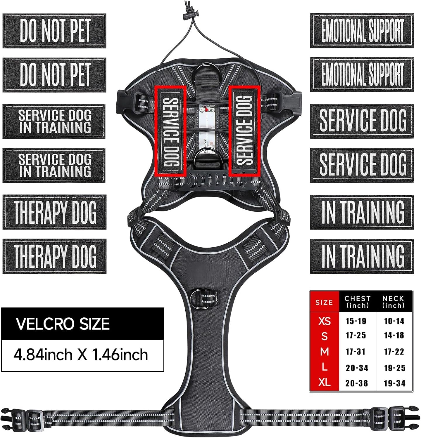Service Dog Tactical Vest Harness and Leash Set Large Sized Dog Emotional Support- Tactical Dog Harness Training Collar with Name (Black, L)