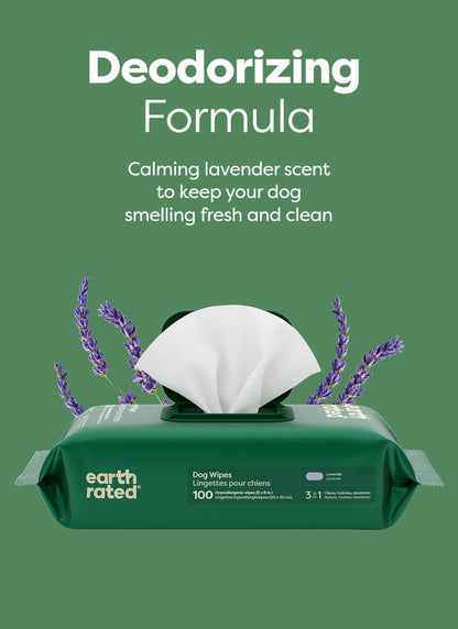 Dog Wipes, Hypoallergenic, 3-In-1 Cleaning and Hydrating, for Grooming Paws, Body and Butt, Lavender Scented, 100 Count