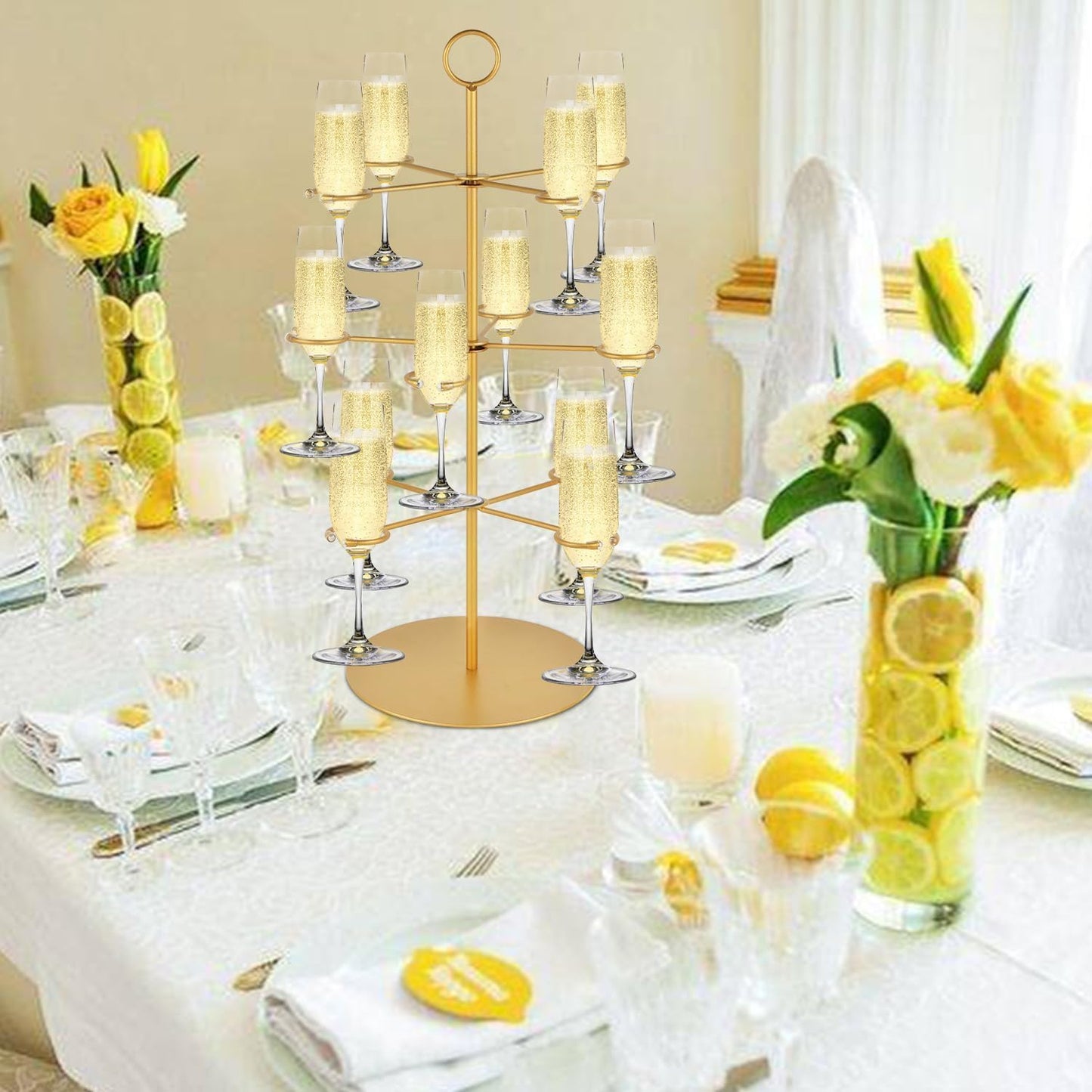 Elevate Your Celebrations with the Stunning Champagne Tower - 3 Tier Metal Cocktail Stand for 12 Glasses - Perfect for Weddings, Parties, and Events!