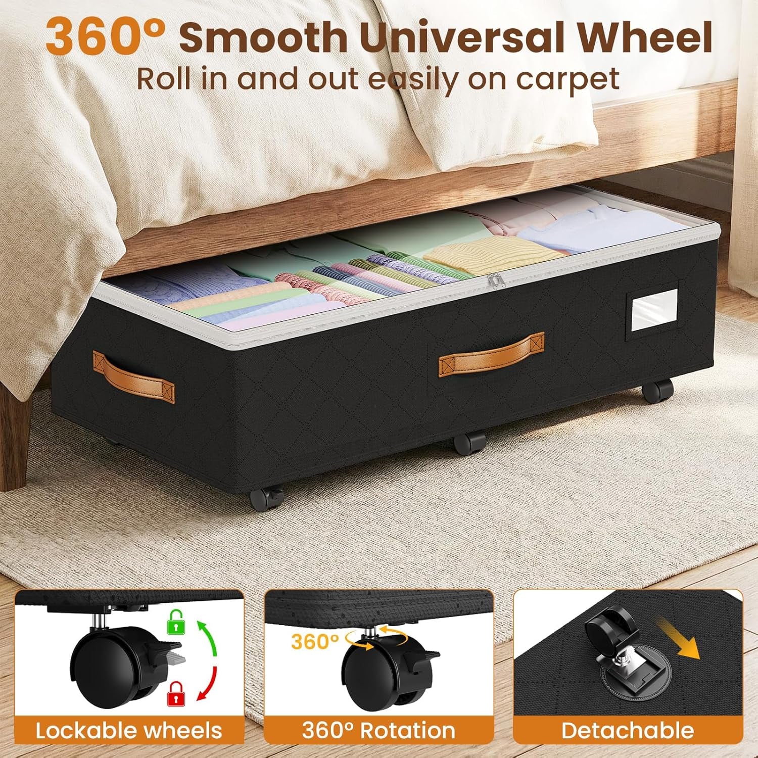 80L 2 Pack Adjustable under Bed Storage with Wheels | Underbed Containers with Clear Lids, Rolling under Bed Shoe Storage Organizer for Dorm Home Clothes, Blankets, Toys, Black