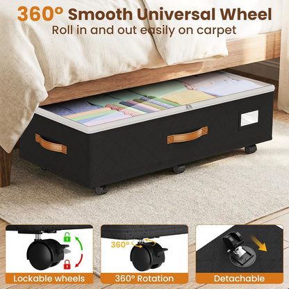 80L 2 Pack Adjustable under Bed Storage with Wheels | Underbed Containers with Clear Lids, Rolling under Bed Shoe Storage Organizer for Dorm Home Clothes, Blankets, Toys, Black