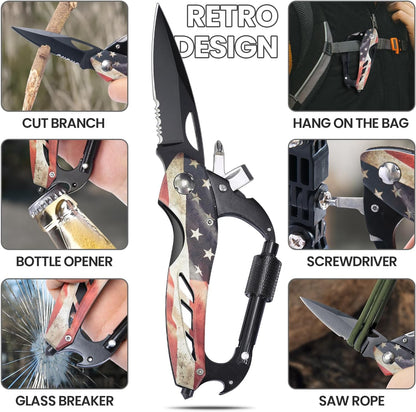 Multitool Carabiner Knife Tools for Men, Bottle Opener | Cool Gadgets Gear with Folding Knives, Window Breaker and Screwdriver for Hiking Camping, 7-In-1 Edc Multi Tool (Usa Flag)