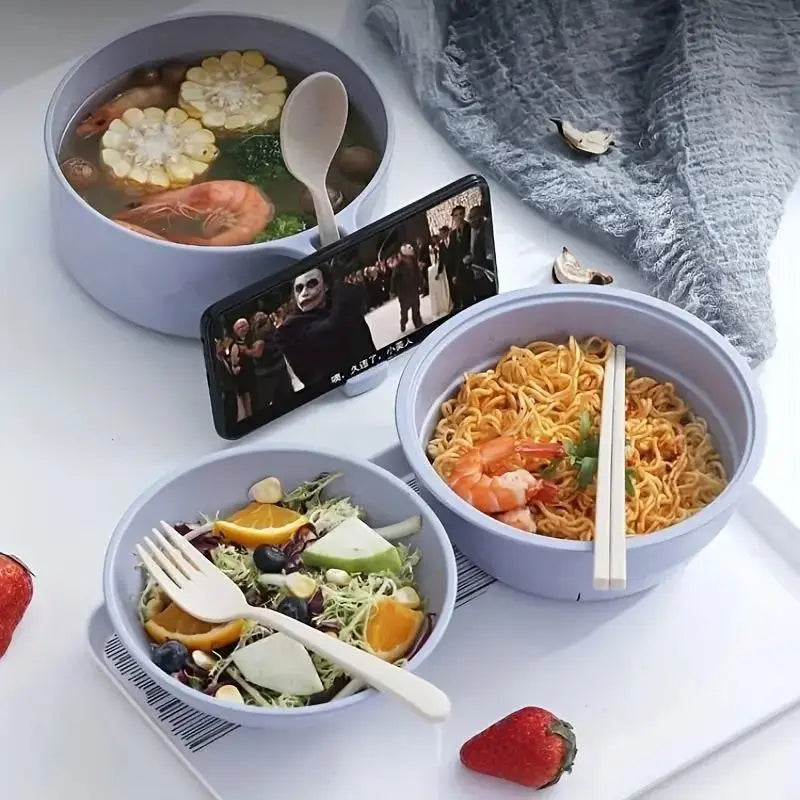 Ramen Bowl Set, Plastic Bowls with Lids, 1/2-Pack Geometric Microwave-Safe Instant Noodle Bowl with Lid and Tableware Kit, Durable Lunch Box for Students #GLOBAL PICKS