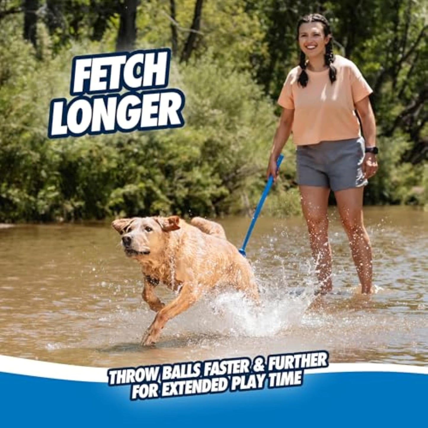 Dog Ball Launcher 12M Sport with 12" Handle Length for Medium 2.5" Dog Balls for Dogs 20-60 Lb, Plastic Pet Fetch Ball Thrower, Perfect for Kids, Made in USA, Blue