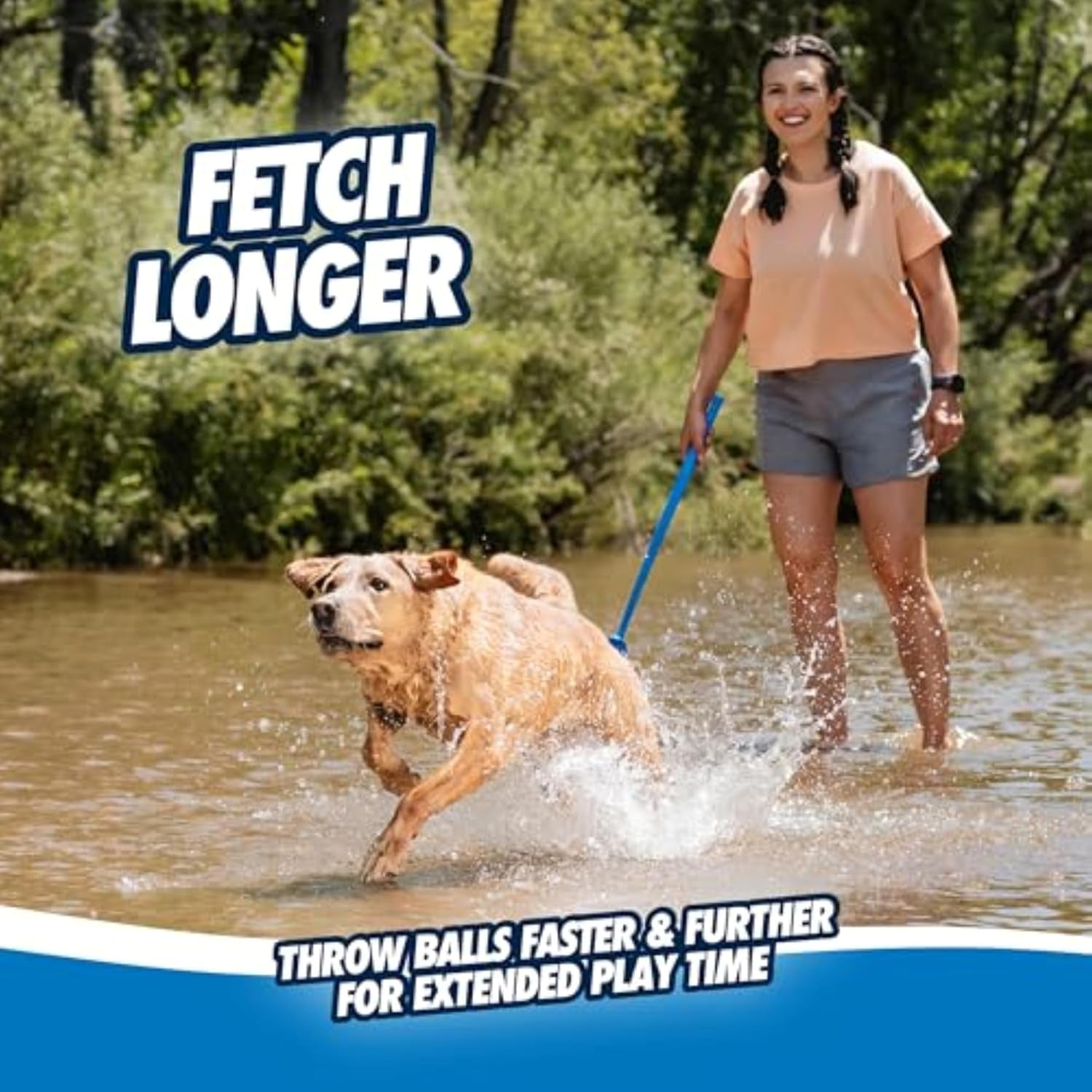 Dog Ball Launcher 12M Sport with 12" Handle Length for Medium 2.5" Dog Balls for Dogs 20-60 Lb, Plastic Pet Fetch Ball Thrower, Perfect for Kids, Made in USA, Blue