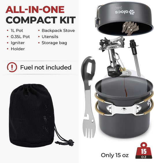 9-Piece Camping Cookware Set with Non-Stick Pots & 3200W Stove | All-In-One Nested Set with 0.35L Pan, 1L Pot, Stove, Igniter, Magnetic Stand & 5-In-1 Spork
