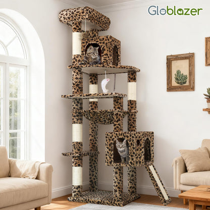 Heavy Duty Leopard Cat Tree, 70In Sturdy Cat Tree for Indoor Cats Sturdy Large Cat Tower with Scratching Post & Board, Hammock, 2 Cat Condo for Adult Cats Kittens, F70 Pro, Leopard Print
