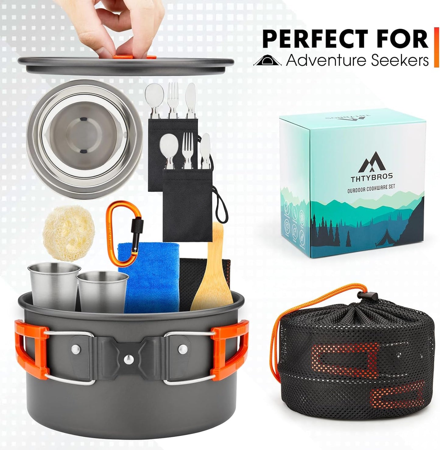 17Pcs Camping Cookware Kit, 0.45Gal Pot, 7Inches Pan,0.30Gal Kettle Set with 2 Set Stainless Steel Cups Plates Forks Knives Spoons for Hiking,Camping,Backpacking,Outdoor Cooking and Picnic
