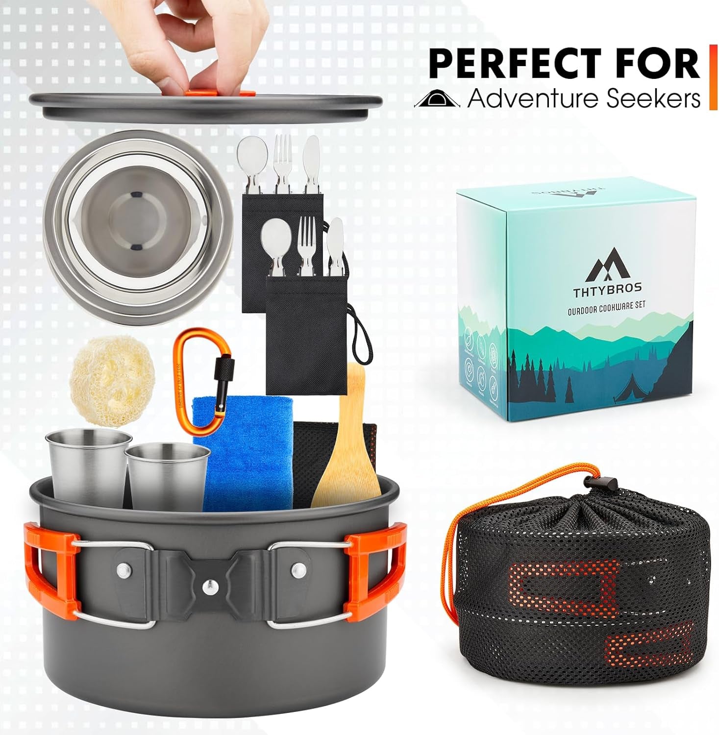 17Pcs Camping Cookware Kit, 0.45Gal Pot, 7Inches Pan,0.30Gal Kettle Set with 2 Set Stainless Steel Cups Plates Forks Knives Spoons for Hiking,Camping,Backpacking,Outdoor Cooking and Picnic