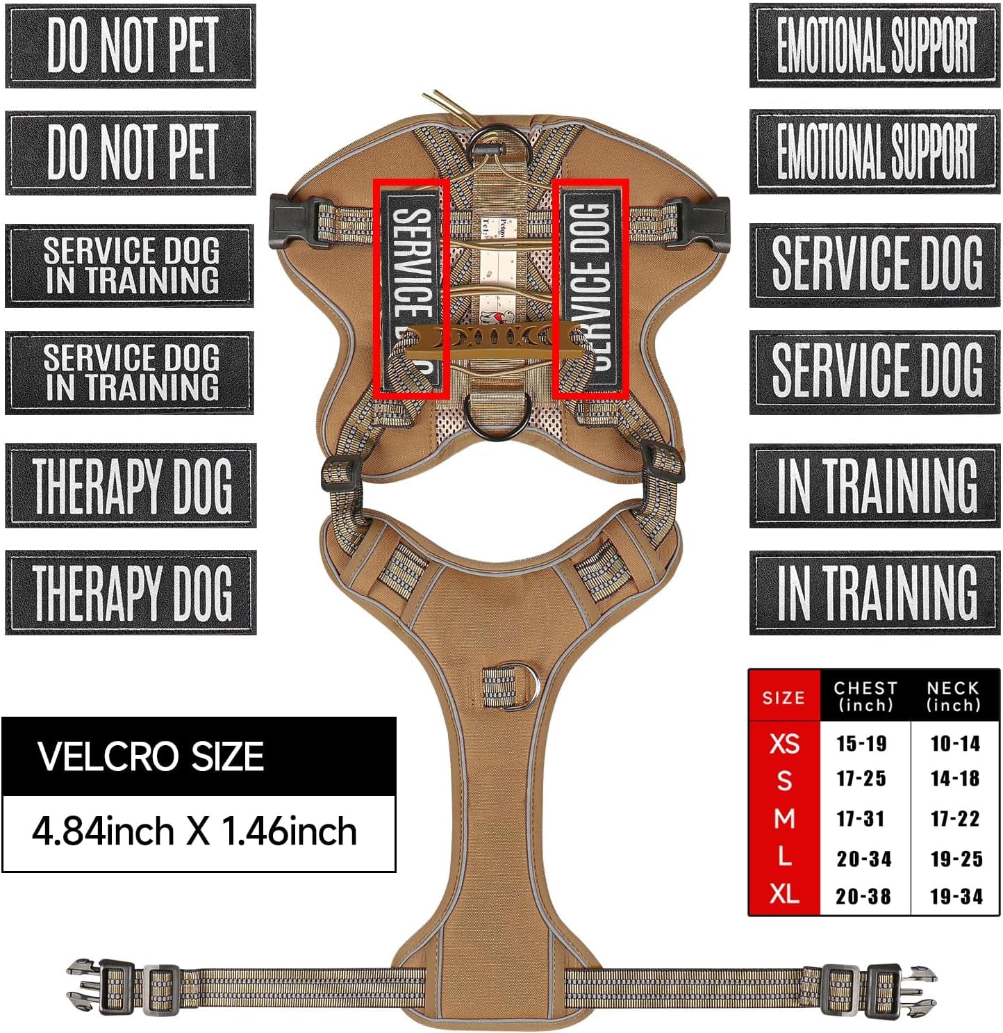 Service Dog Tactical Vest Harness and Leash Set Large Sized Dog Emotional Support- Tactical Dog Harness Training Collar with Name (Khaki, L)