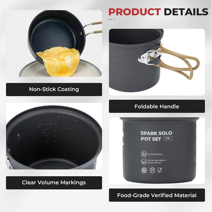 9-Piece Camping Cookware Set with Non-Stick Pots & 3200W Stove | All-In-One Nested Set with 0.35L Pan, 1L Pot, Stove, Igniter, Magnetic Stand & 5-In-1 Spork
