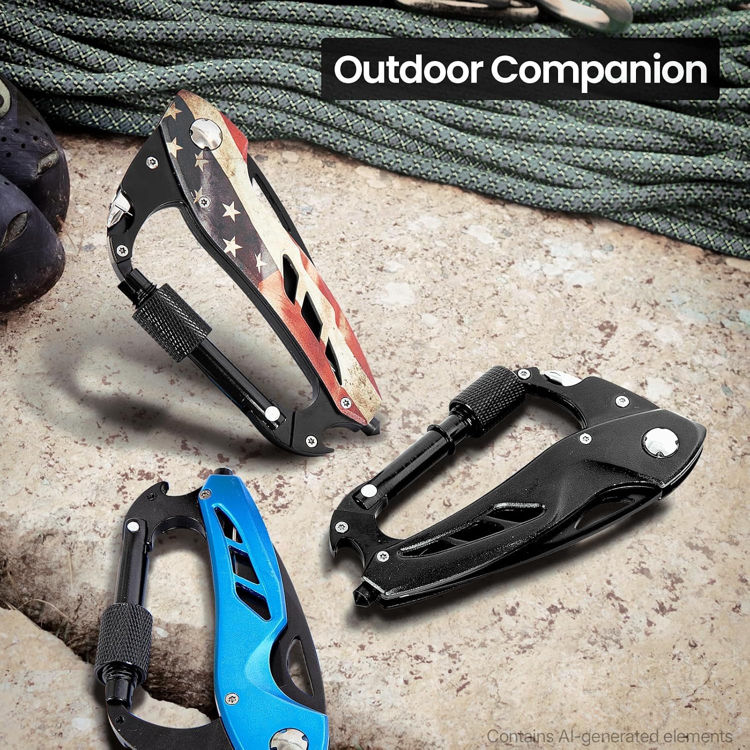Multitool Carabiner Knife Tools for Men, Bottle Opener | Cool Gadgets Gear with Folding Knives, Window Breaker and Screwdriver for Hiking Camping, 7-In-1 Edc Multi Tool (Usa Flag)