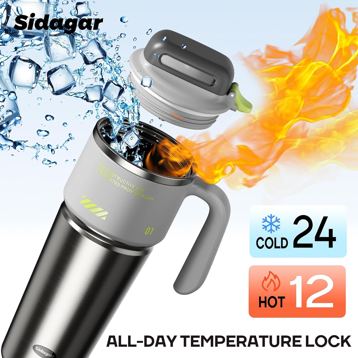 32 Oz Insulated Tumbler with Push-Button Lid and Handle, Grey | 316L Stainless Steel, Leakproof Lid, Double-Wall Vacuum Insulation, Keeps Drinks Hot or Cold for Work, Travel & Daily Use