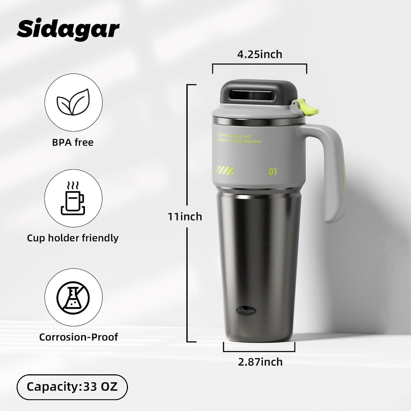 32 Oz Insulated Tumbler with Push-Button Lid and Handle, Grey | 316L Stainless Steel, Leakproof Lid, Double-Wall Vacuum Insulation, Keeps Drinks Hot or Cold for Work, Travel & Daily Use