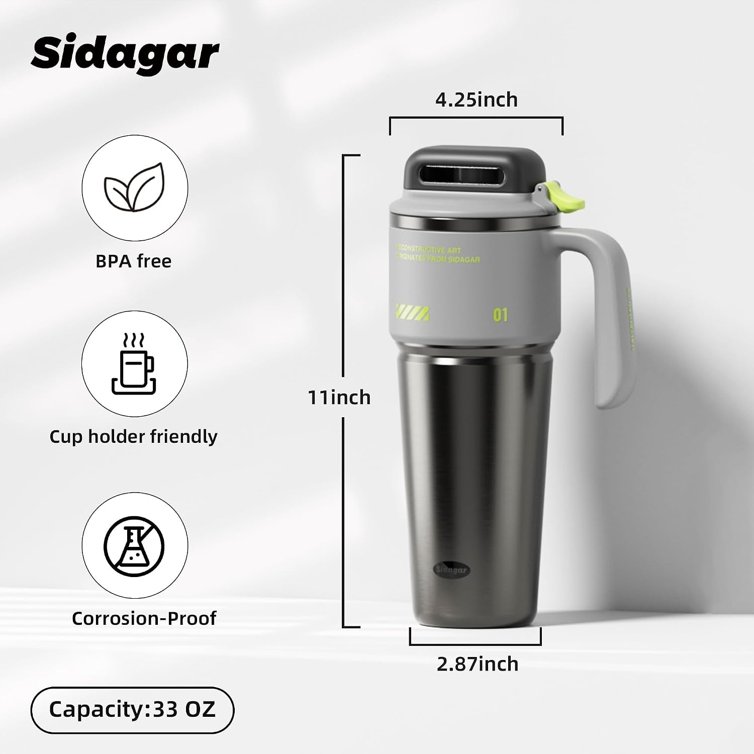 32 Oz Insulated Tumbler with Push-Button Lid and Handle, Grey | 316L Stainless Steel, Leakproof Lid, Double-Wall Vacuum Insulation, Keeps Drinks Hot or Cold for Work, Travel & Daily Use