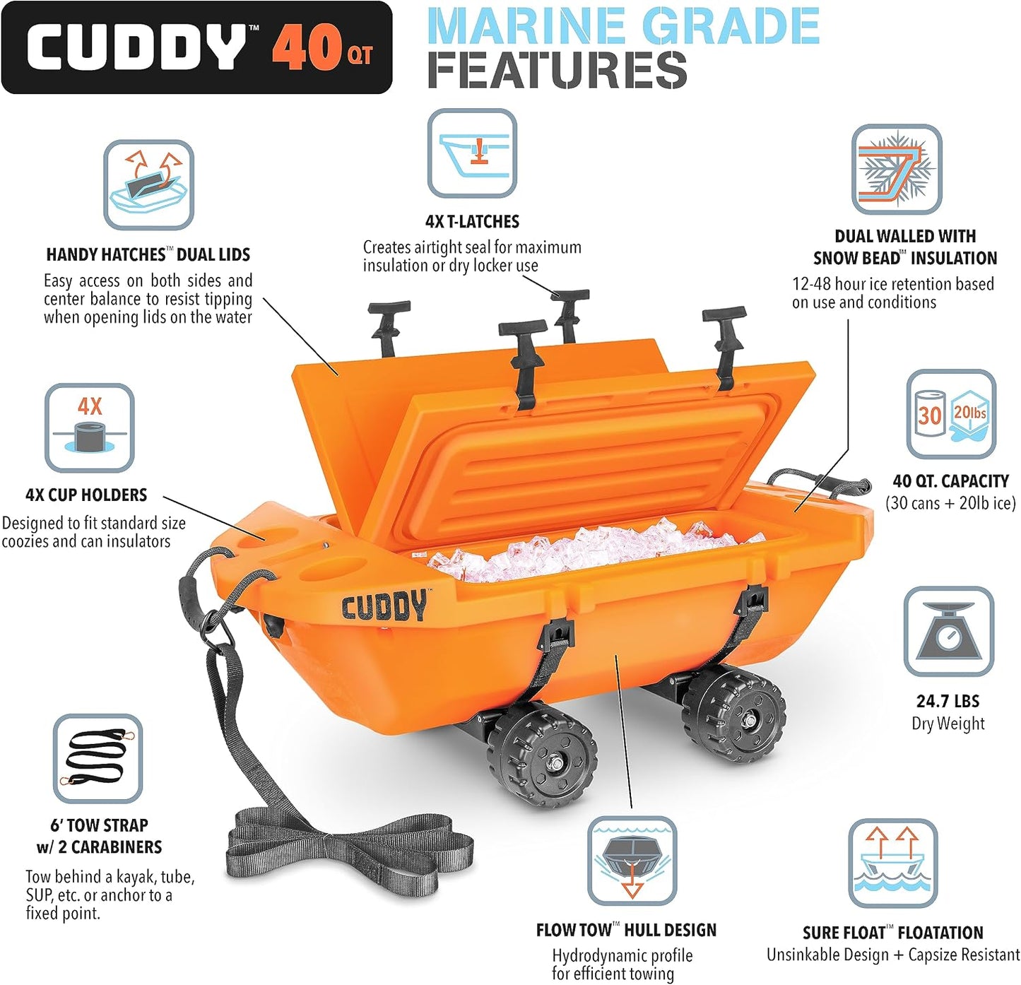 CUDDY Crawler Cooler with Wheels – 40 QT Amphibious Floating Cooler and Dry Storage Vessel - Orange, Navy, Tan, or White