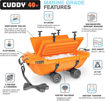 CUDDY Crawler Cooler with Wheels – 40 QT Amphibious Floating Cooler and Dry Storage Vessel - Orange, Navy, Tan, or White
