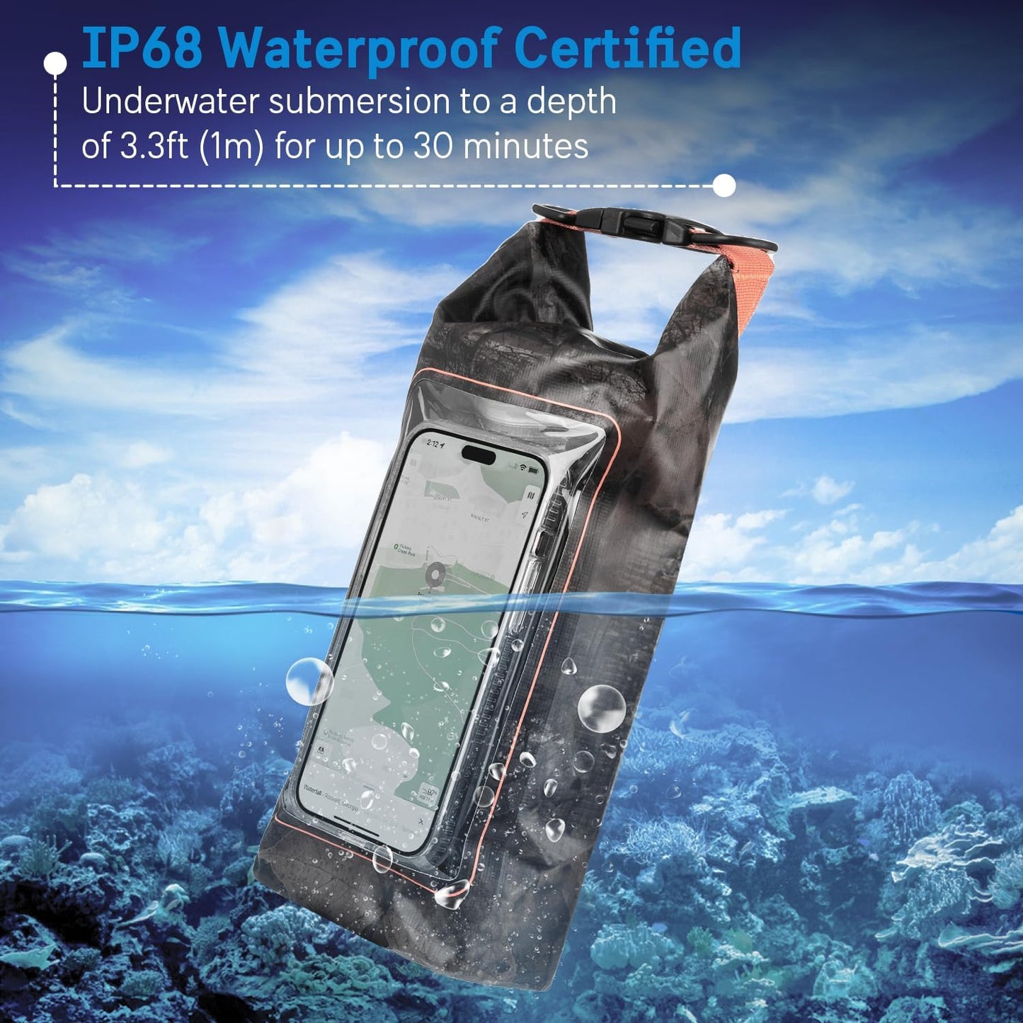 Pelican Marine IP68 Waterproof Dry Bag 2L W/Phone Pouch/Case - Hunter Camo | Roll Top Waterproof Backpack with Touchscreen Phone Pouch - Swimming, Kayaking, Camping, Rafting, Fishing & Travel Essentials