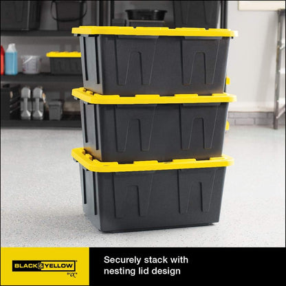 Black & YELLOW, Shelving Unit and Heavy Duty Storage Containers, Extremely Durable (Shelf + 27 Gallon Container (4-Pack))