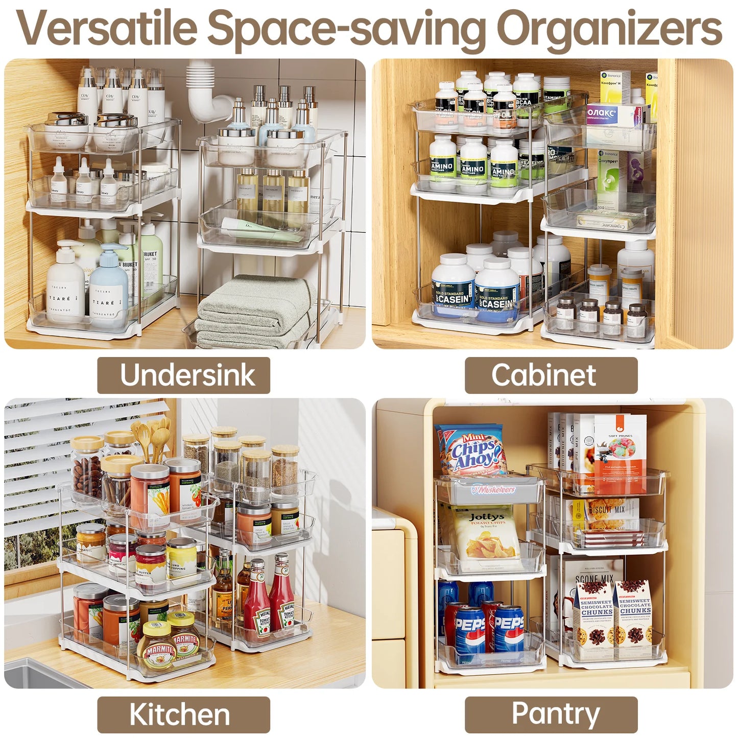 2-Pack 3-Tier Pull-Out under Sink Organizer, Stackable Sliding Storage Shelves for Bathroom Kitchen Pantry, White