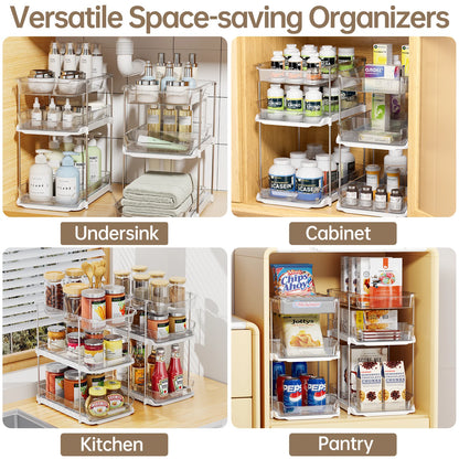 2-Pack 3-Tier Pull-Out under Sink Organizer, Stackable Sliding Storage Shelves for Bathroom Kitchen Pantry, White