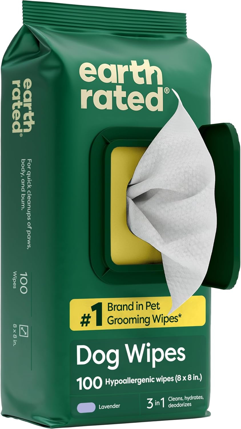 Dog Wipes, Hypoallergenic, 3-In-1 Cleaning and Hydrating, for Grooming Paws, Body and Butt, Lavender Scented, 100 Count