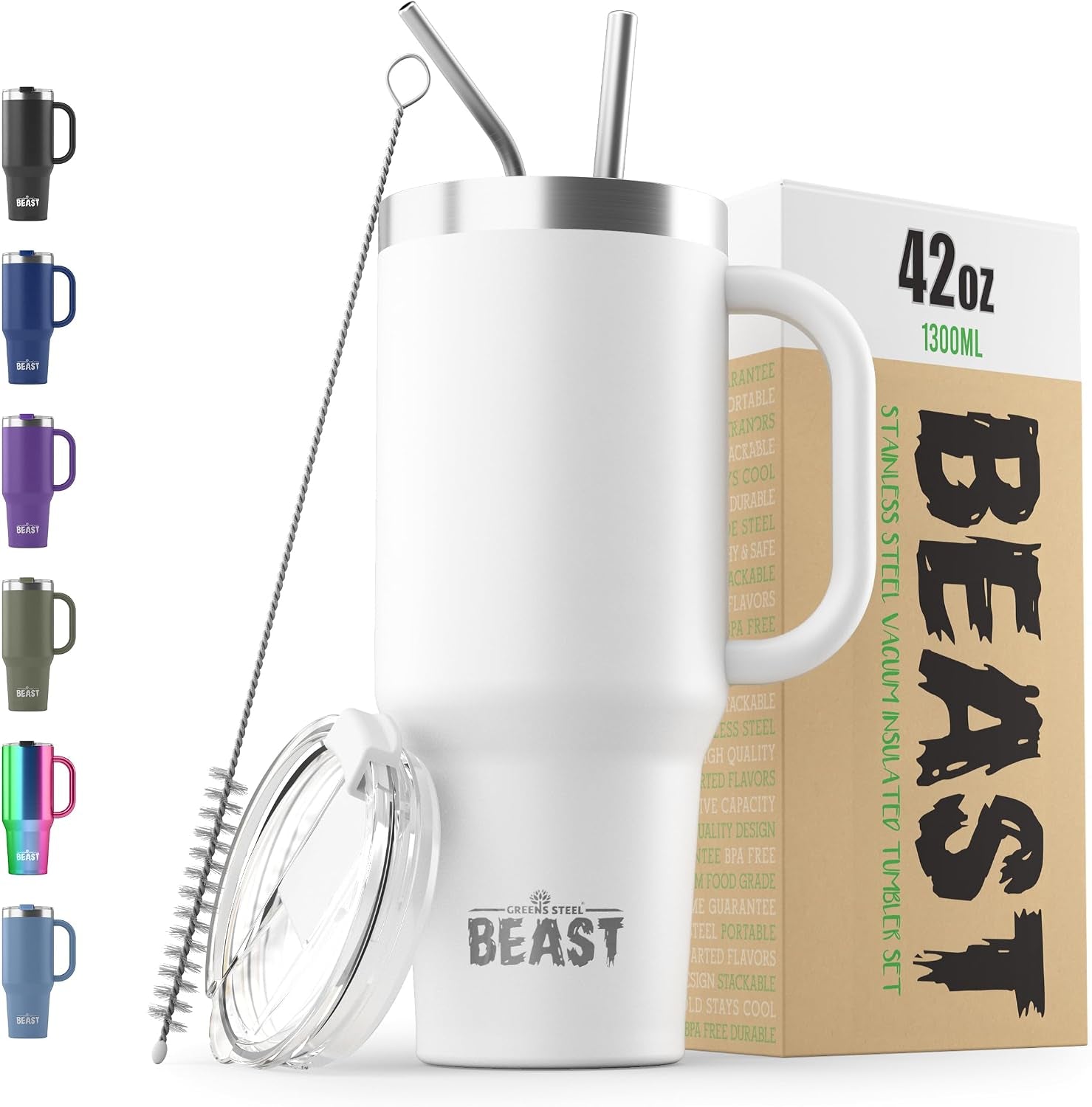 Beast 42 Oz Tumbler with Handle Stainless Steel Vacuum Insulated Coffee Ice Cup Double Wall Travel Flask (Arctic White)