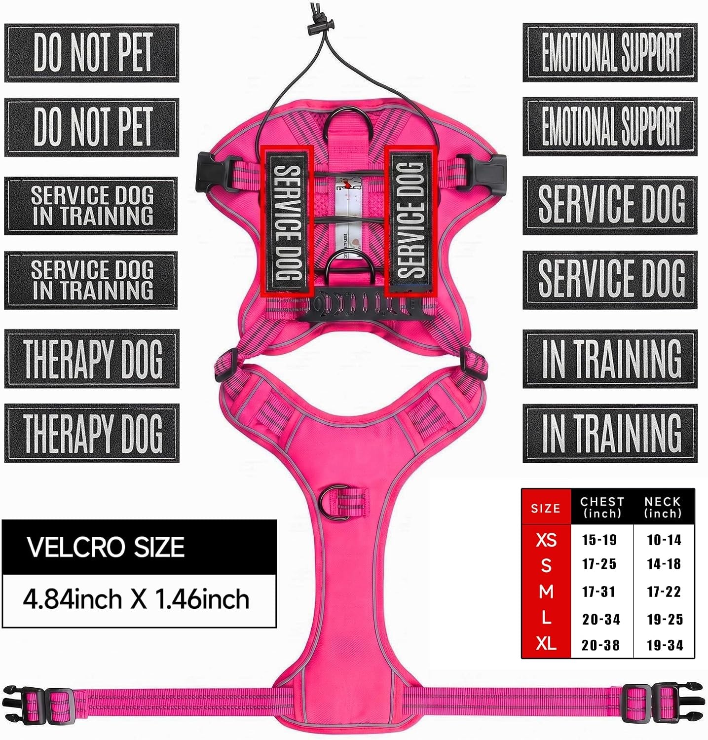 Service Dog Tactical Vest Harness and Leash Set Large Sized Dog Emotional Support- Tactical Dog Harness Training Collar with Name (Rose Red, L)