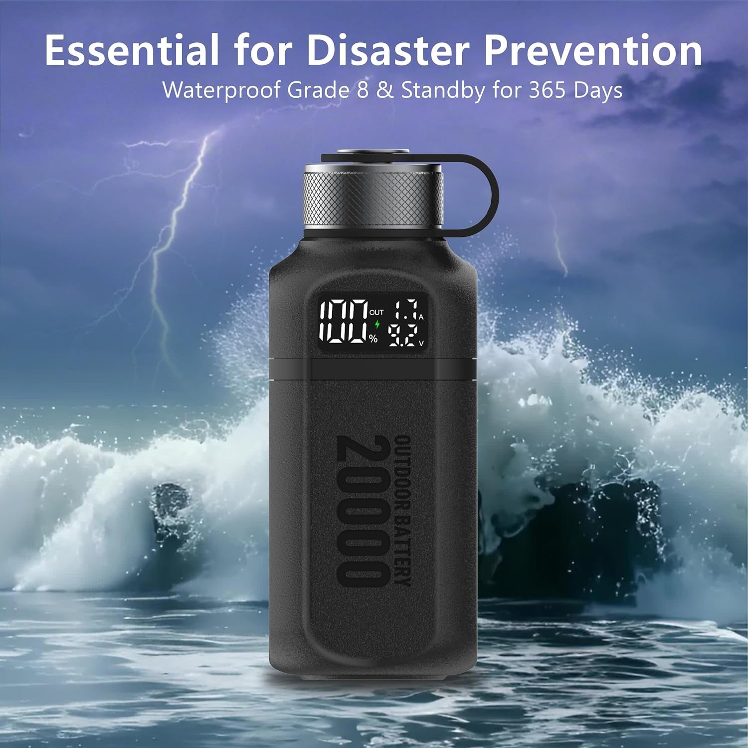 20,000Mah Rugged Power Bank with Fast Charge USB-C PD, IP68 Waterproof Shockproof, Includes 420Lm Bright Camping Lantern, Tactical Outdoor Charger for Hiking Camping Survival Emergency（Black）