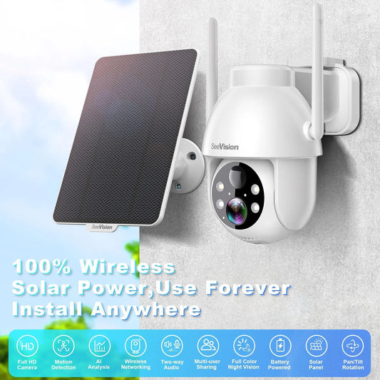 Seevision Solar WIFI Security Camera with Spotlight, 1080P HD Clear Picture,Pir Motion Detection, Color Night Vision, Waterproof Black White Security Camera