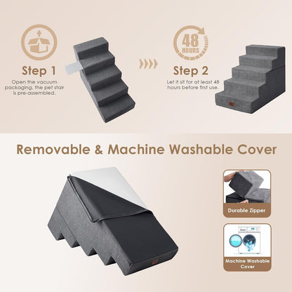 Dog Stairs for High Bed 25" H, 5-Step Extra Wide Dog Steps for Bed, Pet Steps for Small Dogs and Cats, Non-Slip Balanced Pet Ramp Indoor, Grey