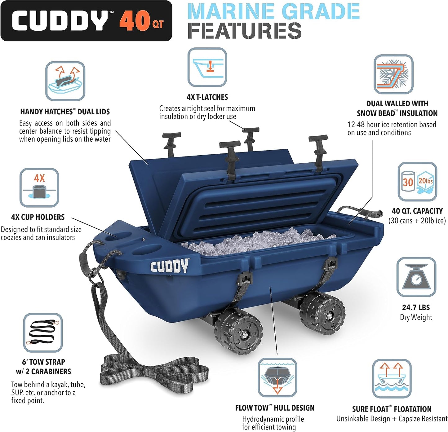 CUDDY Crawler Cooler with Wheels – 40 QT Amphibious Floating Cooler and Dry Storage Vessel - Orange, Navy, Tan, or White