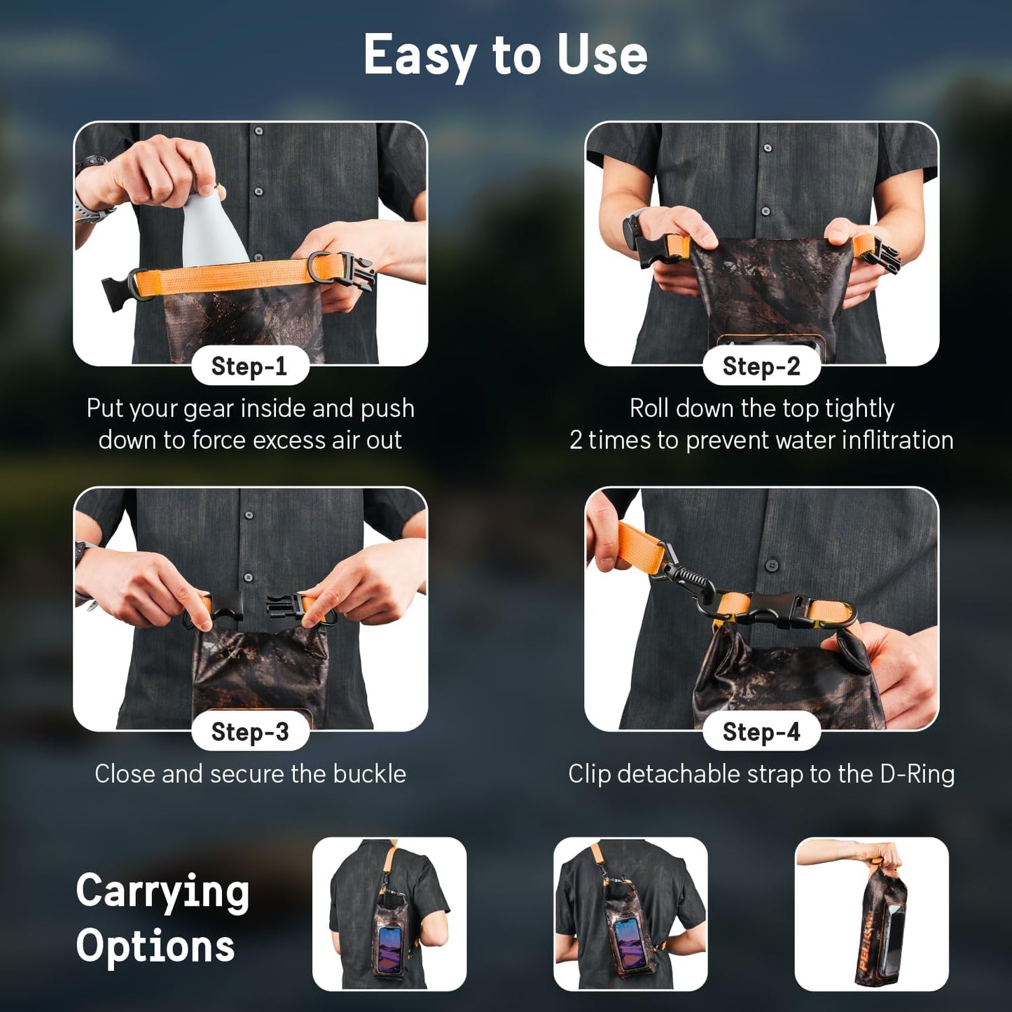 Pelican Marine IP68 Waterproof Dry Bag 2L W/Phone Pouch/Case - Hunter Camo | Roll Top Waterproof Backpack with Touchscreen Phone Pouch - Swimming, Kayaking, Camping, Rafting, Fishing & Travel Essentials