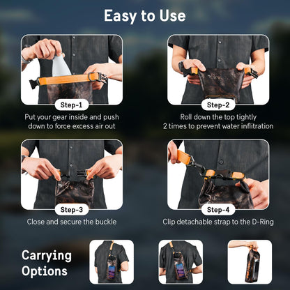 Pelican Marine IP68 Waterproof Dry Bag 2L W/Phone Pouch/Case - Hunter Camo | Roll Top Waterproof Backpack with Touchscreen Phone Pouch - Swimming, Kayaking, Camping, Rafting, Fishing & Travel Essentials