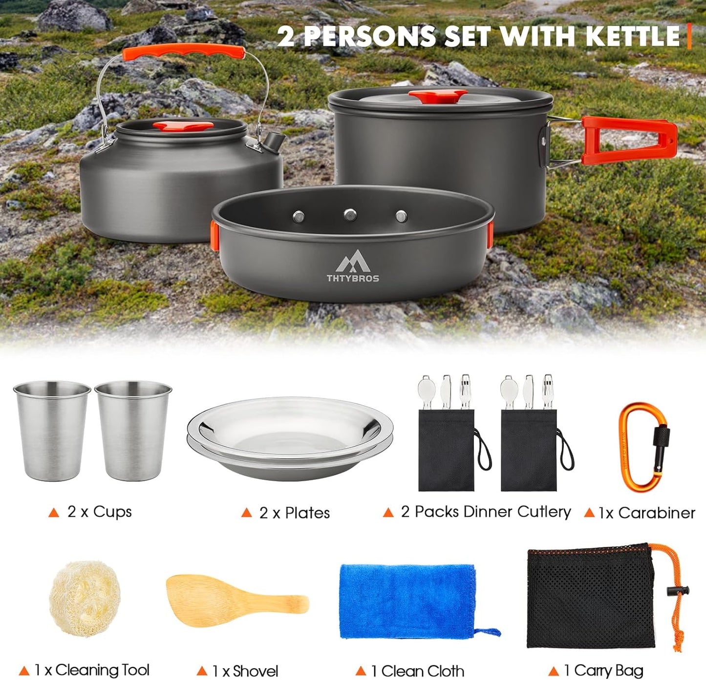 17Pcs Camping Cookware Kit, 0.45Gal Pot, 7Inches Pan,0.30Gal Kettle Set with 2 Set Stainless Steel Cups Plates Forks Knives Spoons for Hiking,Camping,Backpacking,Outdoor Cooking and Picnic