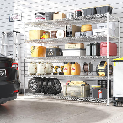 55.5" W Storage Shelves 3200LBS Metal Shelving 5 Tier Wire Shelving Garage Shelving Heavy Duty Metal Shelves for Shelving Unit Commercial Adjustable Shelf, 55.5" W X 18''D X 71" H，Chrome,2P