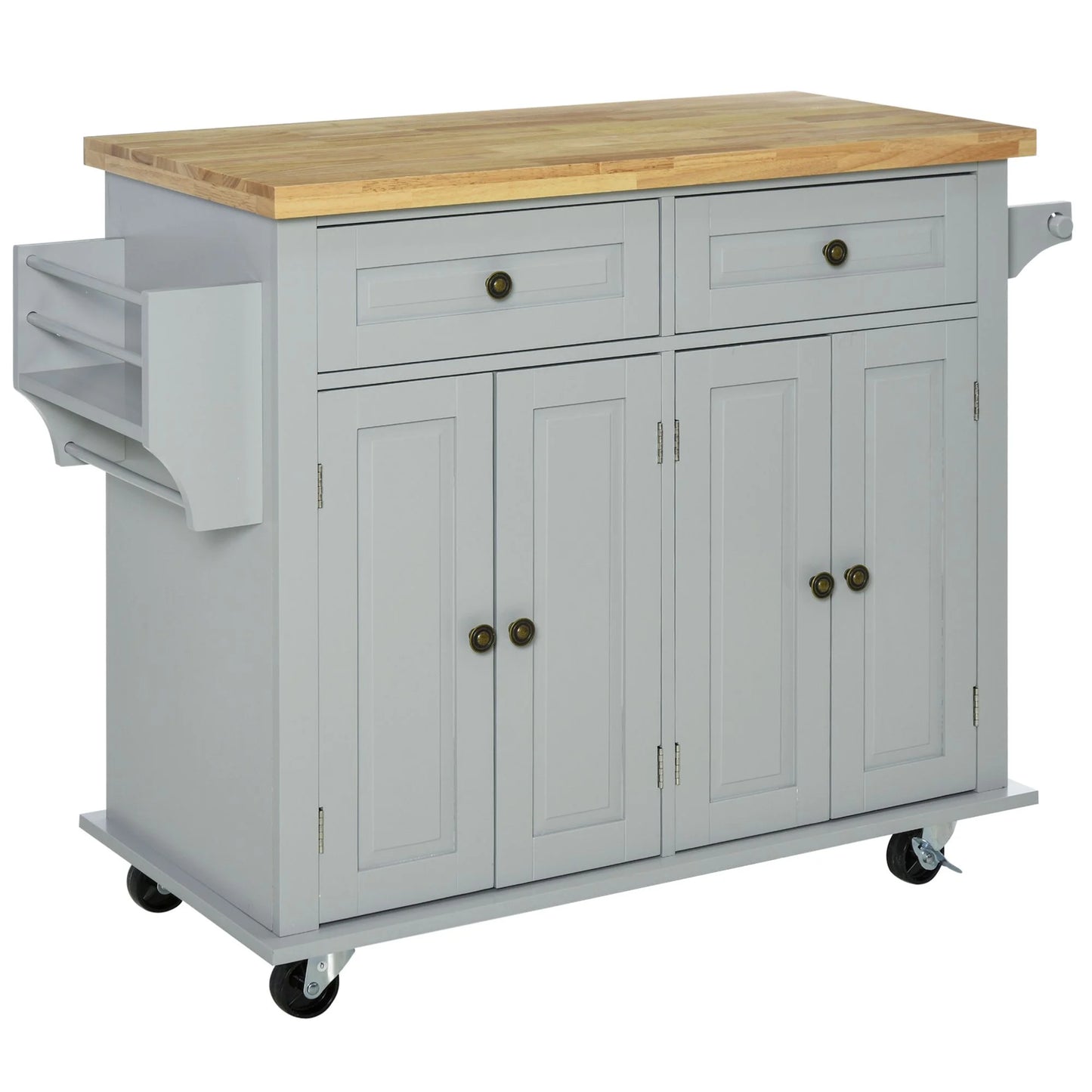 Kitchen Island on Wheels, Rolling Cart with Rubber Wood Top, Spice Rack, Towel Rack & Drawers for Dining Room, Gray