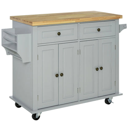 Kitchen Island on Wheels, Rolling Cart with Rubber Wood Top, Spice Rack, Towel Rack & Drawers for Dining Room, Gray