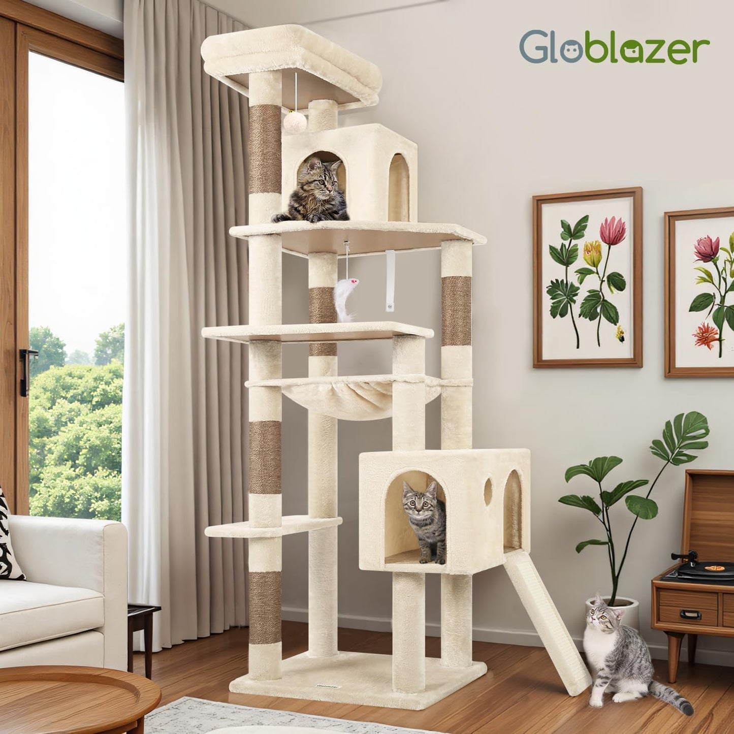 Heavy Duty Cat Tree Tower, 70Inch Sturdy Cat Tree for Indoor Cats Sturdy Large Cat Tower with Scratching Post and Scratching Board, Hammock, Cat Condo for Adult Cats Kittens, F70 Pro, Beige